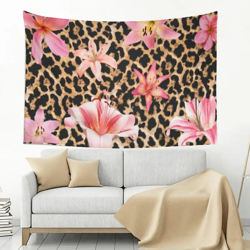 Peach Pink Classic Leopard-Print Lily Flower Wall Tapestry - Large 5ft x 3ft, Seamless, Lightweight, Decorative Floral Animal-Print Wall Hanging, Wild Tropical Coquette Room Decor for Teen Girls, Photo Backdrop, Wall Decor
