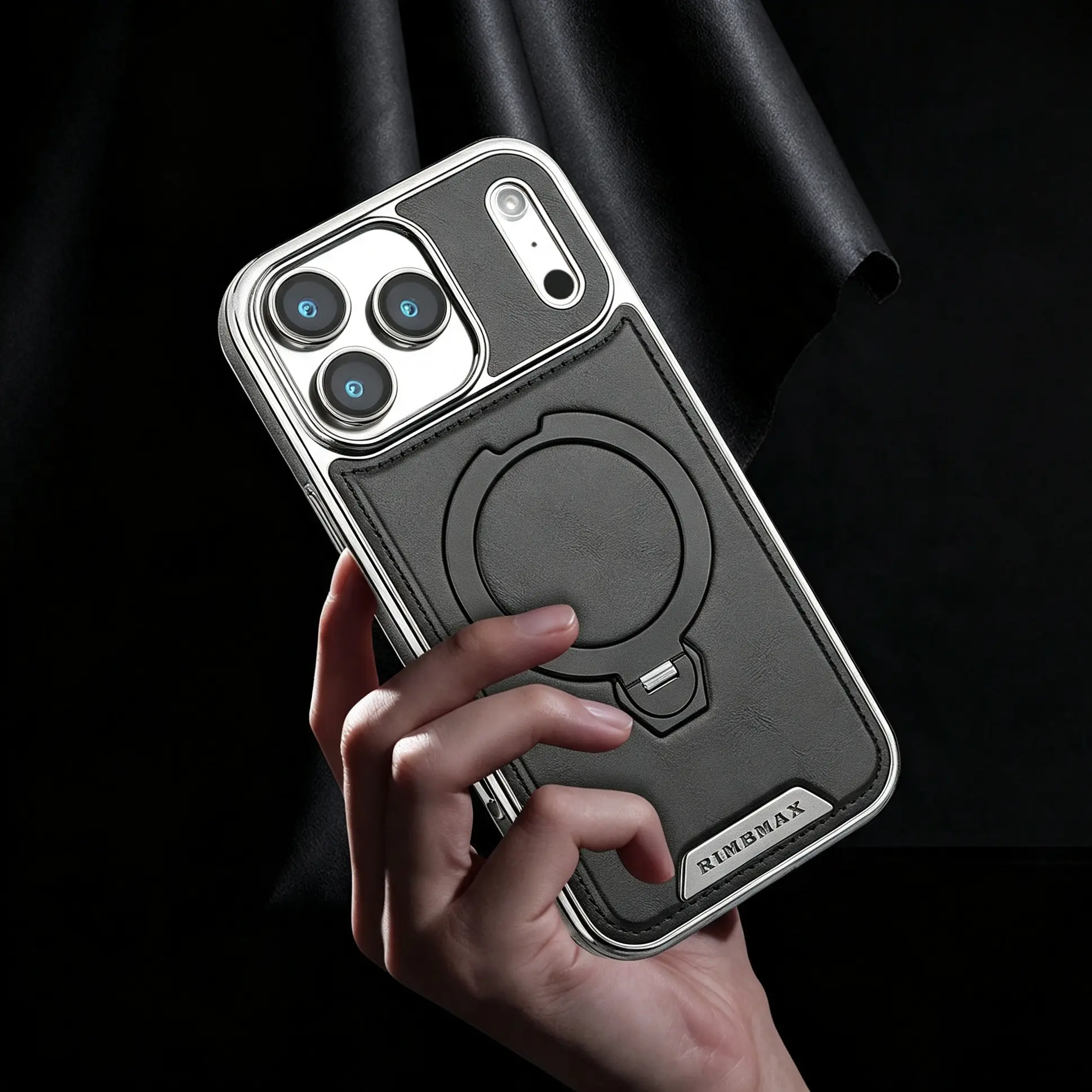 Luxury Men's TPU Leather Smartphone Case - Handheld Protector Casing Cover for iPhone 13/14/15/16/17 Pro Max, Anti-Sweat, Fingerprint-Resistant, Magnetic Hidden Folding Stand with Stable Horizontal-Vertical Support