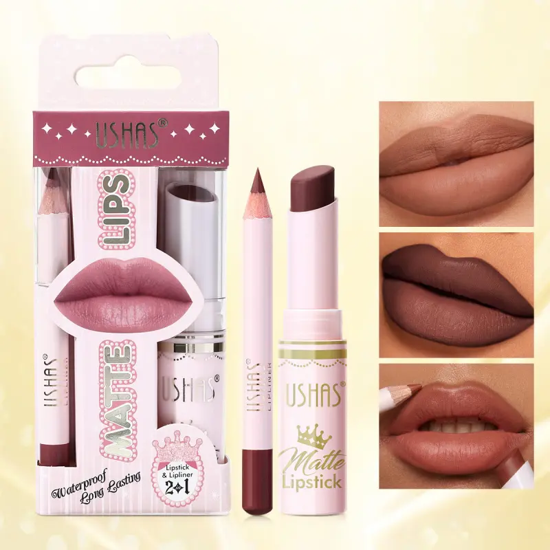 1Set, USHAS 2 In 1 Matching Lip Set, Lip Duo, Same Tone Lip Liner And Matte Lipstick, Soft Matte Cream, Easy To Apply For Daily Casual Lip Look, ViralDualLipKit, MatchingLipCosmetics, DailyLipEssential, PocketSizeLipMakeup