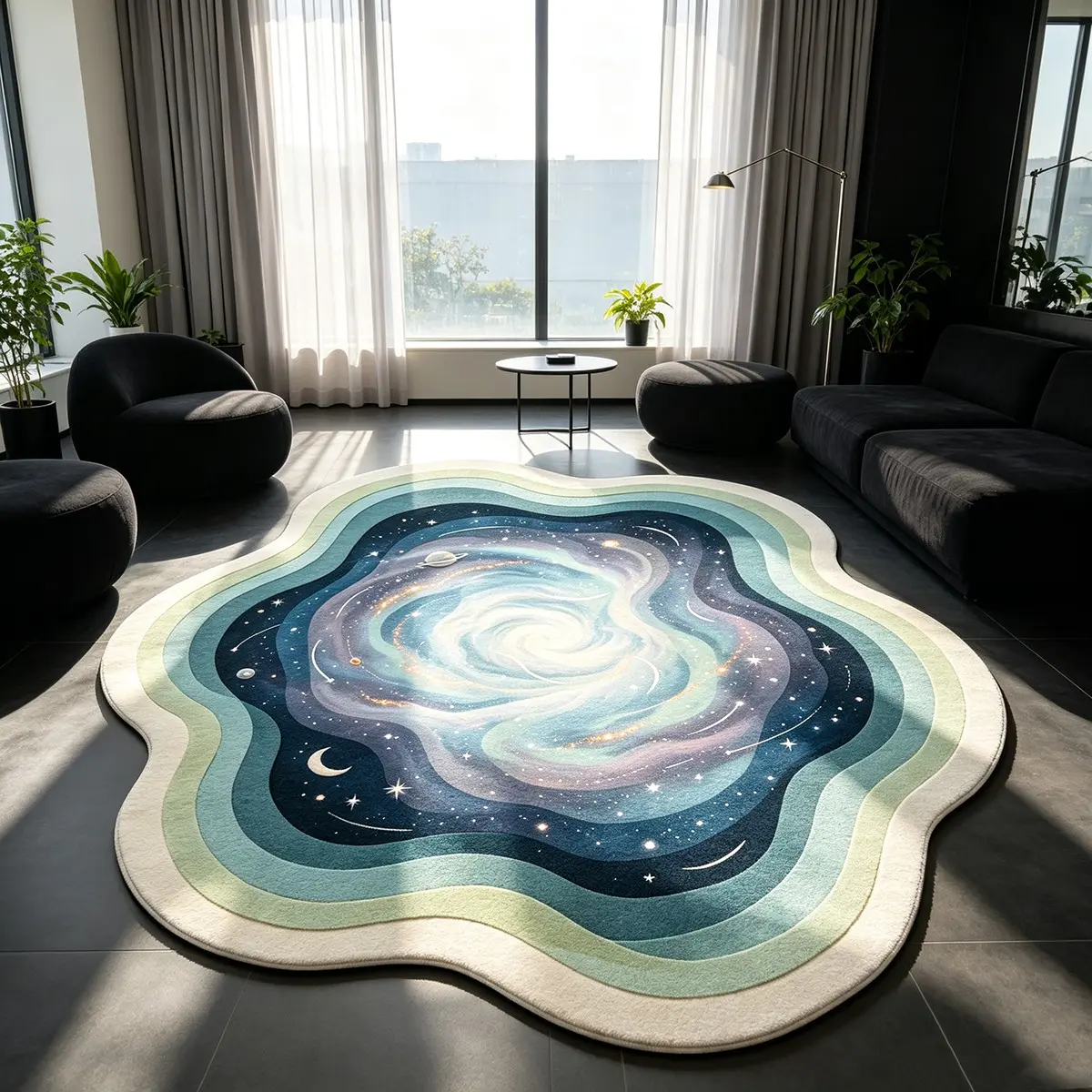 Wavy Edge Flower Round Thin Flannel Rug, Home Decor Rug, Gradient Blue Green Swirl Galaxy Star Moon Planet Print, Dreamy Space Vintage Decor Mat for Bedside, Living Room & Game Room