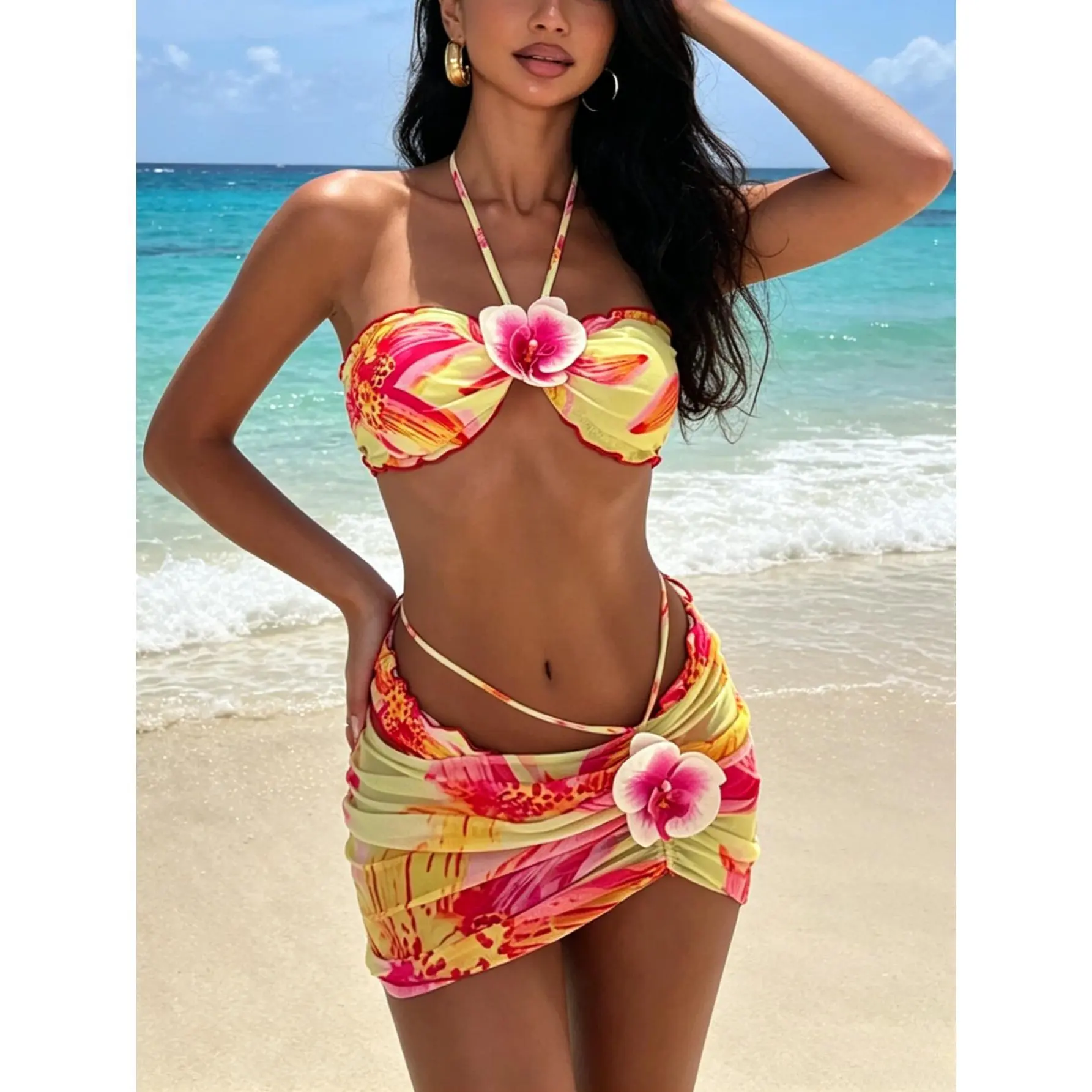 2026 New Floral Print Halter Neck Swimsuit Set,Backless Drawstring Design, Three-Piece Swimwear for Women, Summer Beach Wear,Ruched Bikini Bottoms, Floral Print Swimsuits
