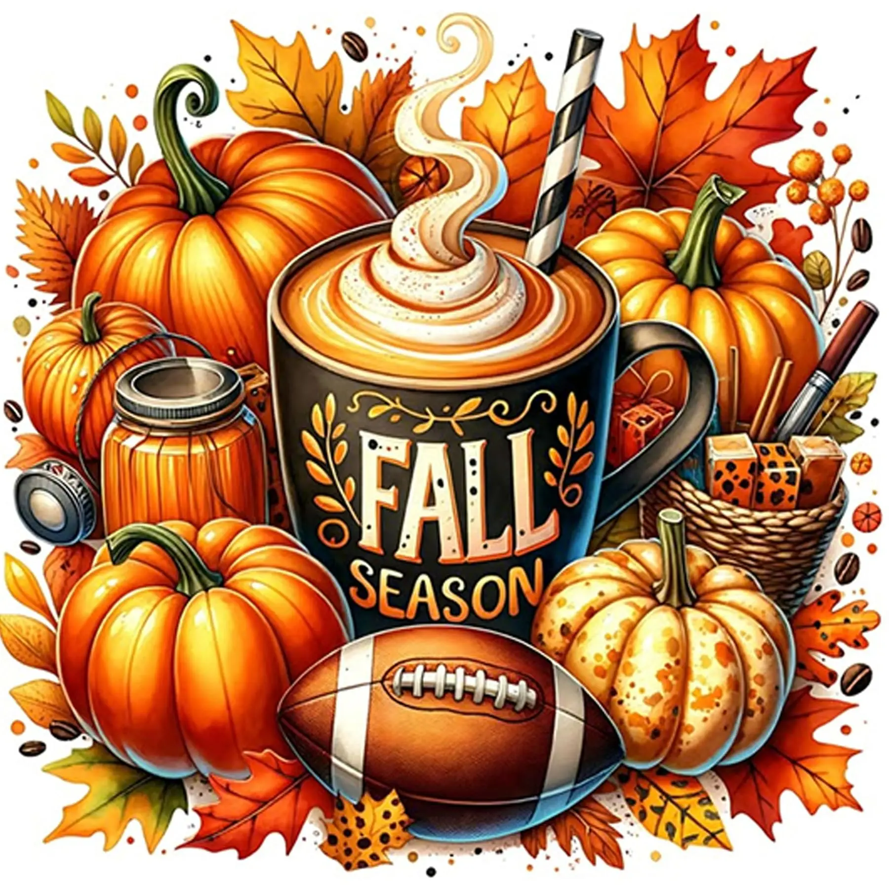 5D Diamond Art Kits for Adults, Cozy Fall Season Painting for Beginners, DIY Full Round Drill Diamond Dots, Craft, Dimond Art Paintings, Gem Paint by Diamonds Kit, Thanksgiving Pumpkin Football Coffee, Home Wall Decor Gifts