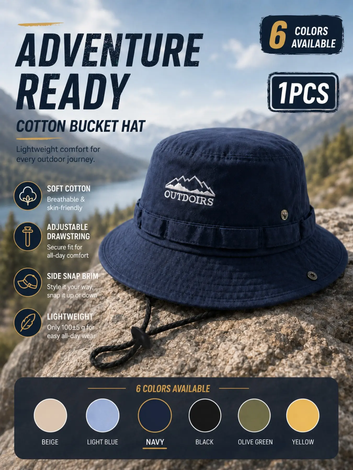 Outdoor Wide Brim Fisherman Hat for Men and Women, Cotton Sun Hat with Adjustable Wind Cord, Hiking Camping Leisure Cap