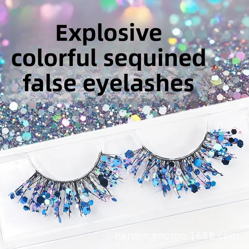 1. Glitter Sequins False Eyelashes Sparkly Blue Shiny Lashes Dramatic Fluffy Handmade Eyelashes for Halloween Party Stage Cosplay Eye Makeup