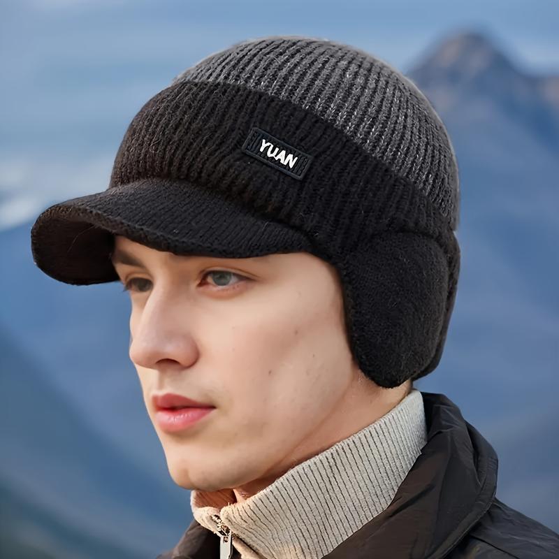 Men's Winter Knitted Ear Protection Duckbill Hat with Fleece Lining Warm Windproof Cap for Outdoor Cycling Cold Weather