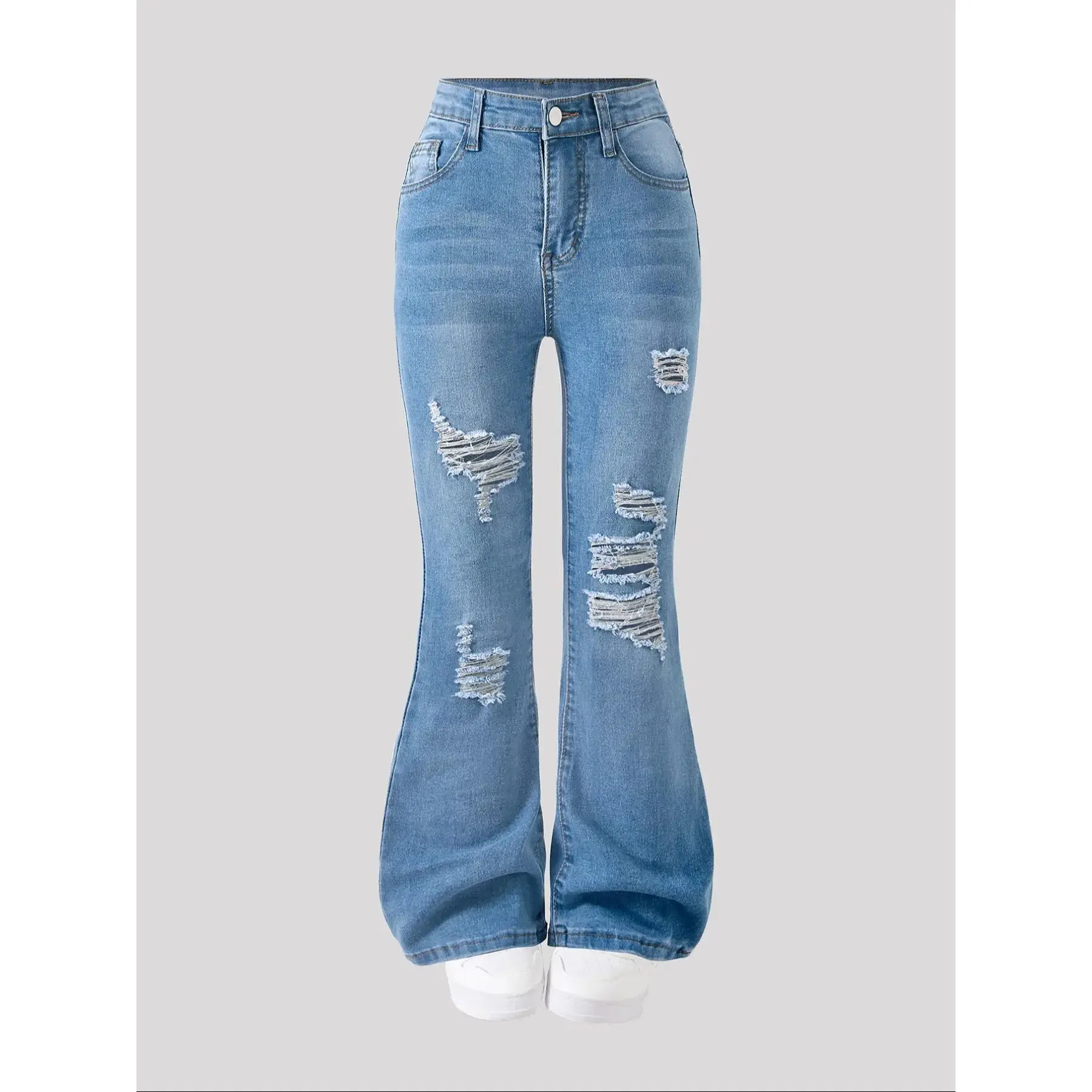 Elastic Bell Bottom Jeans, Fashion Retro Washed Design Ripped Denim Jeans, Comfortable High Waist Stretch Fit for Kids, Distressed Bootcut Jean, Leg Jeans, Fitted Jeans, Bootcut Pant