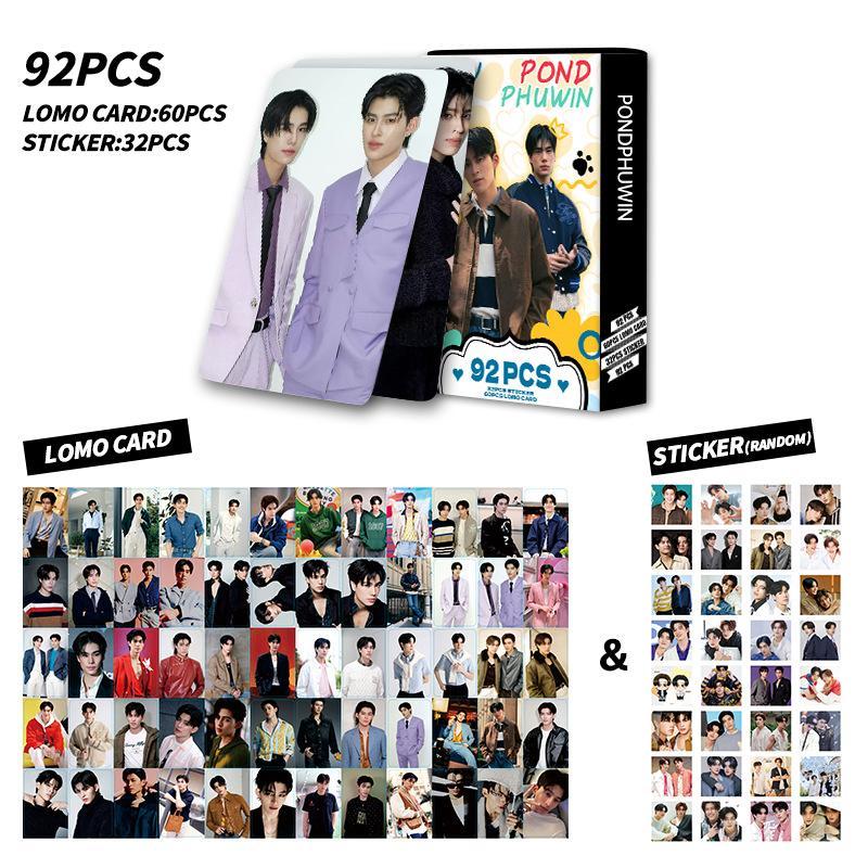 92Pcs/Set Thailand Stars PondPhuwin Laser Lomo Card Pond&Phuwin Characters Small Cards Photocard With Stickers Fans Support Card