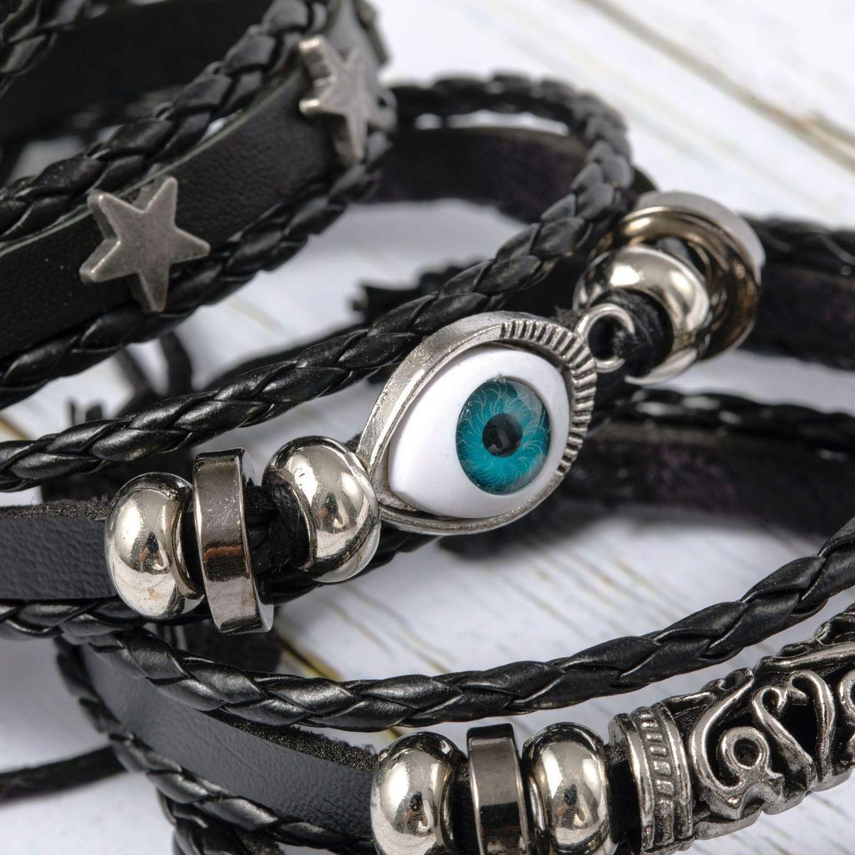 5pcs Evil Eye Wing Star Diy Braided Punk Style Bracelet Set, Featuring Pu Leather And Beads 5pcs Evil Eye Wing Star Diy Braided Punk Style Bracelet Set, Featuring Pu Leather And Beads