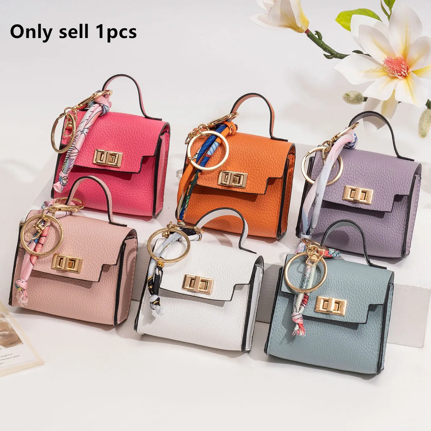 Mini Backpack Keychain, Cute Purse Charm Pouches PU Leather Makeup Bag Headphone for Women, Square Design Twist Lock Bag with Strap