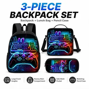 Game controller pattern printed 16 inch Gamer backpack set three piece set (single-layer backpack+small shoulder bag+single-layer pencil case)