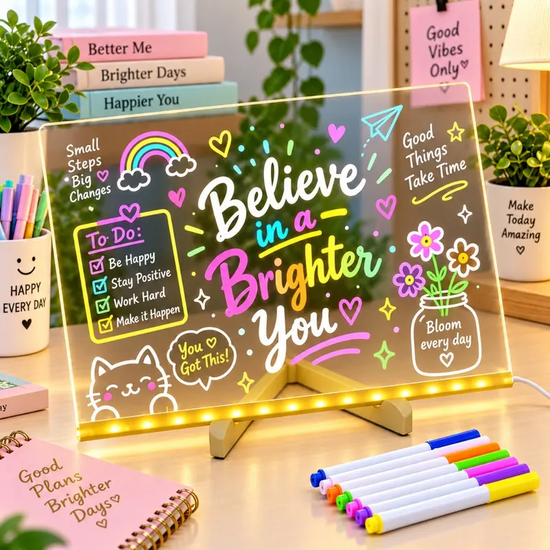 LED Dry Erase Board with Stand, Acrylic Light Up Message Memo Board, 11.8 x 7.9 Inch USB Powered Dimmable Desktop Whiteboard with 7 Color Pens for Home School Office