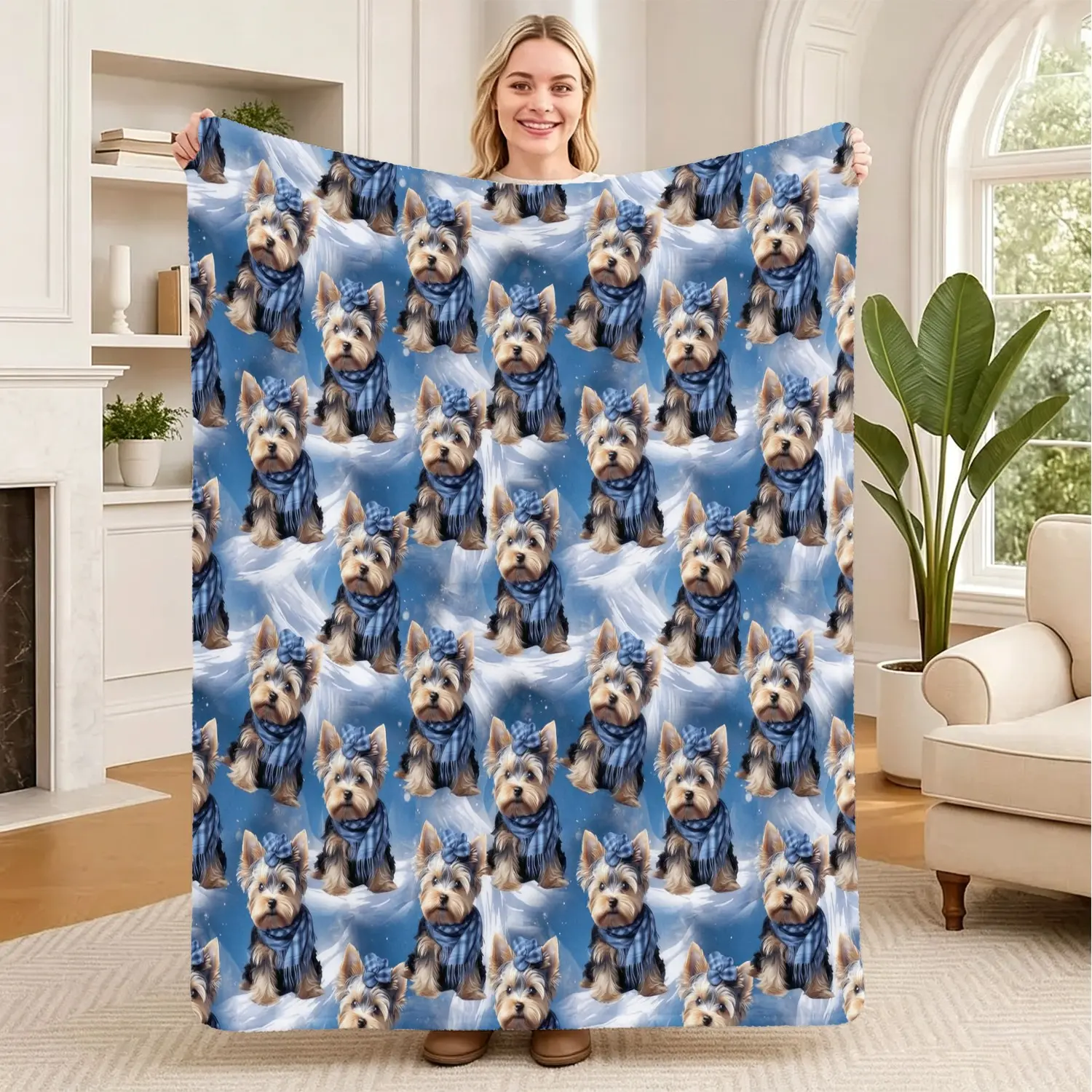 Cute Yorkshire Terrier Print Blanket, Adorable Puppy Dog Pattern Throw Blanket, Soft Fluffy Flannel Blanket, Cozy Home Decor Gift, Perfect for Bed Sofa Couch, Camping, Traveling, Office Nap,Lightweight and Warm Multifunctional Leisure Blanket