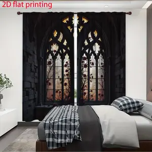 Colorful glass Gothic window digital printed curtains, semi blackout polyester material curtains, 2-piece set of bedroom, living room, dining room universal curtains, Home Decoration Curtain, Home Decorative Curtain