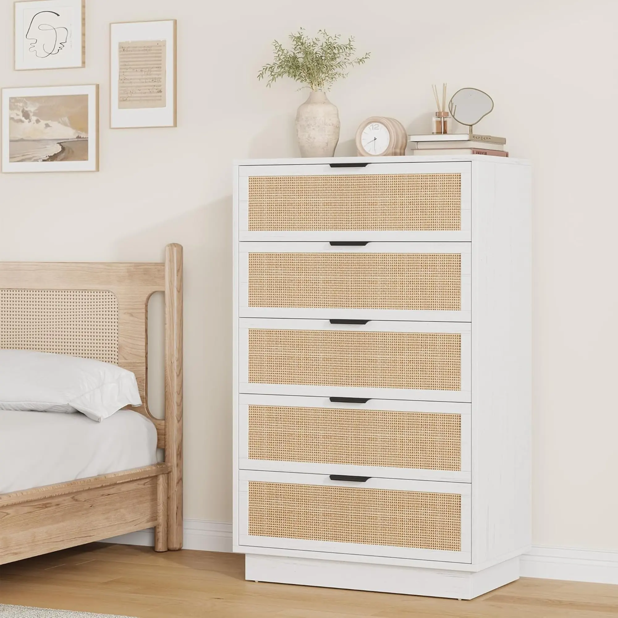 Gaomon High-Quality Wood Rectangular Nightstand - 30in Wide Mid-Century Bedroom Furniture with Metal Handles & 5 Drawers, Versatile Bedside Table for Living Room, Five Drawers