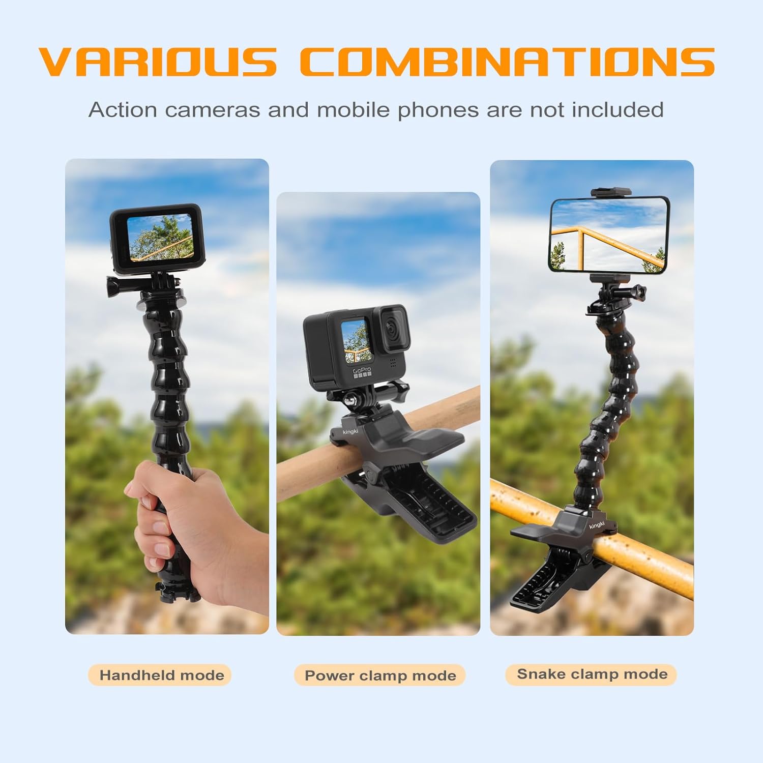 Flexible Shark Clamp Heavy-Duty Mount for Smartphones & Action Cameras, Versatile Gooseneck Grip Stand with Adjustable Base