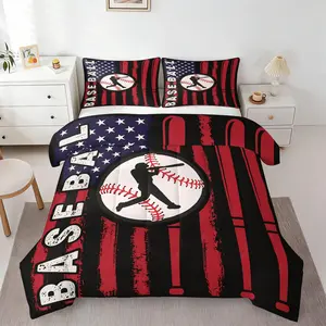 Vintage American Flag Baseball Print Comforter Set, Includes 1 Comforter and 1-2 Pillowcases, Batter Silhouette Baseball Bat Pattern Print, Gift for Kids, Teens and Adults, Sports Gift for Baseball Fans, Essential for Sports Lovers Bedroom