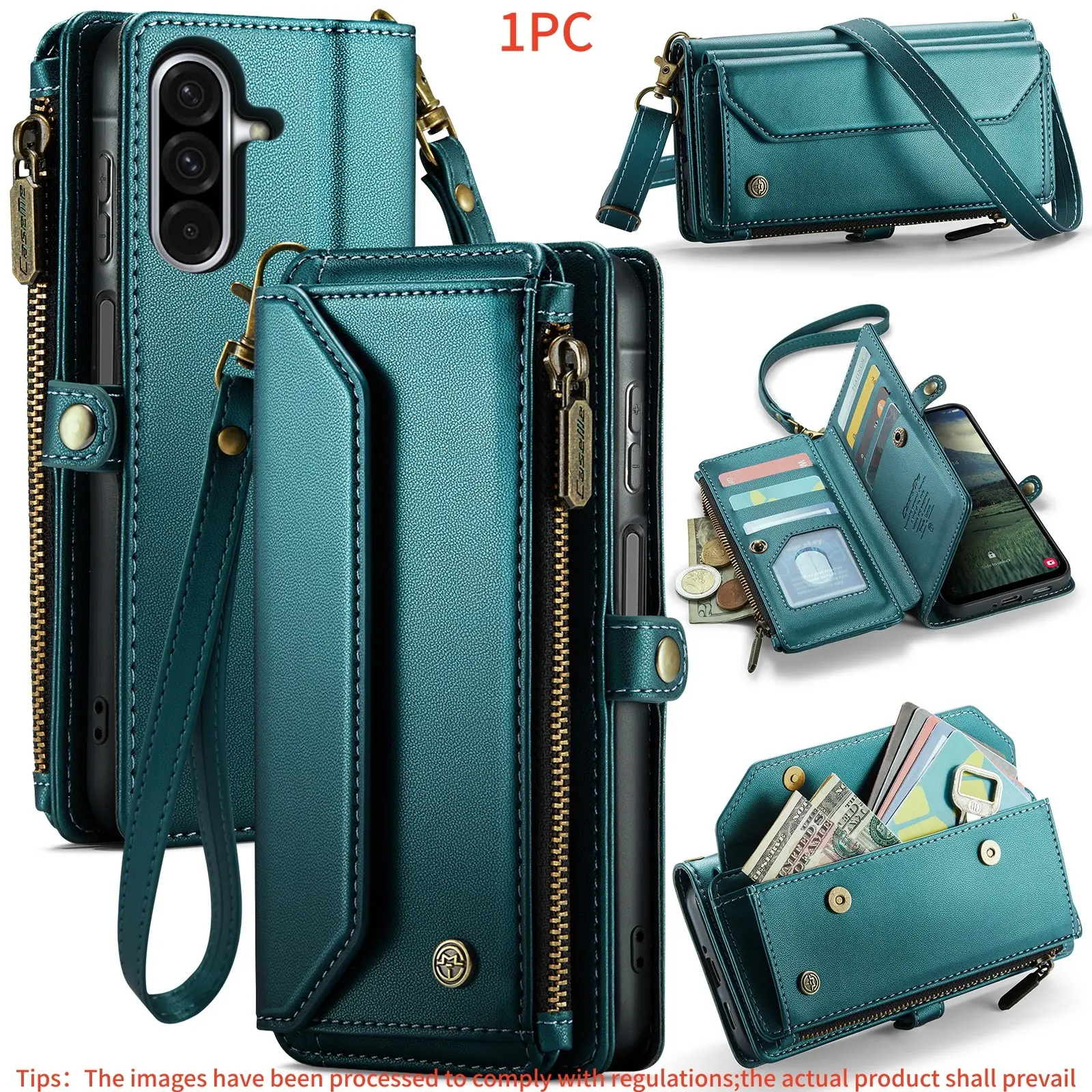 For Samsung Galaxy A17/a16/a15/a14/a13/23/24/25/33/35/36/37/53/54/55/56/57/71/72 Zipper Wallet Case, Long Strap Flip Cover, Leather Look Phone Case