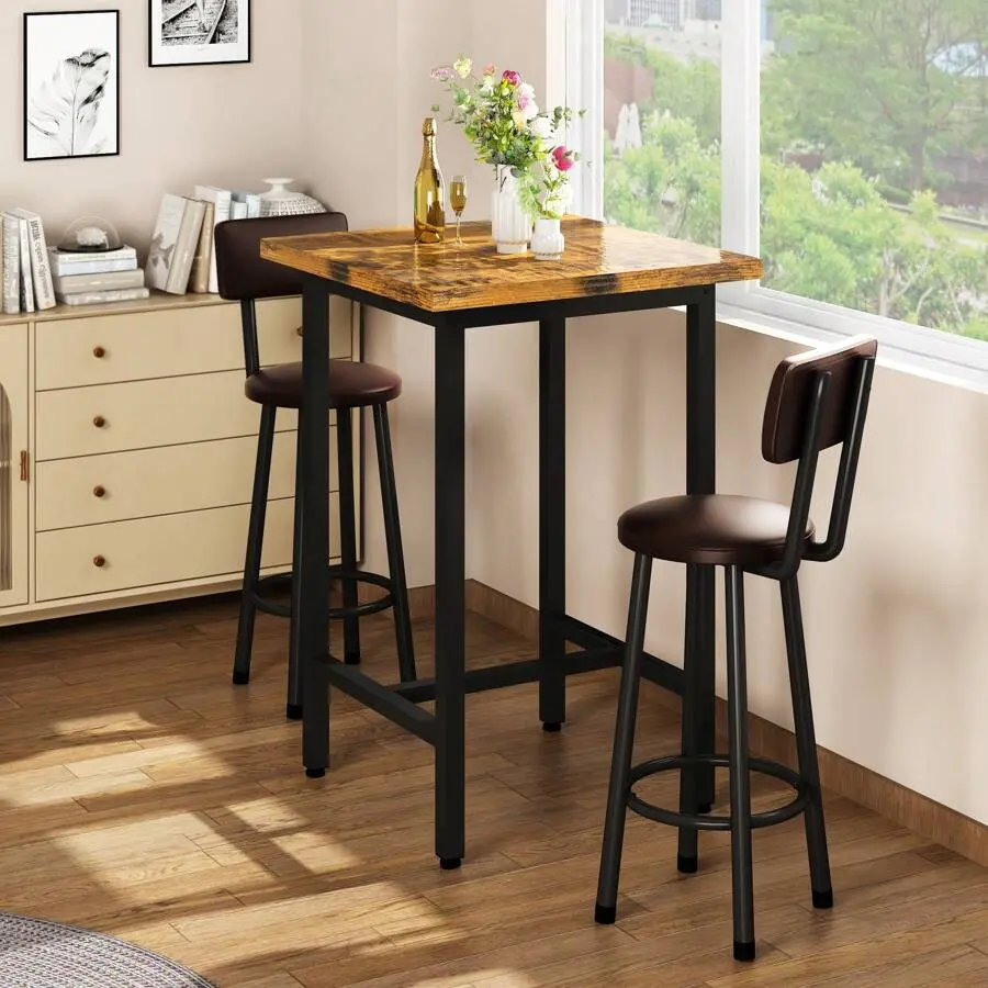 Industrial Style 3 Pieces Counter Height Dining Table Set- Includes 2 Faux Leather Upholstered Bar Dining Stools And A Square Rustic Wooden Top Steel Frame Dining Bar Table And Dining Rooms