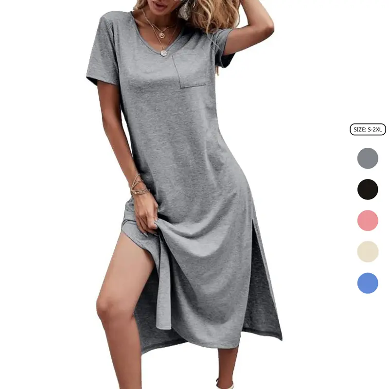 Imily Bela Women Summer T Shirt Dress Casual Short Sleeve V Neck Midi Dresses Loose Side Slit Tshirt Maxi Dress with Pockets