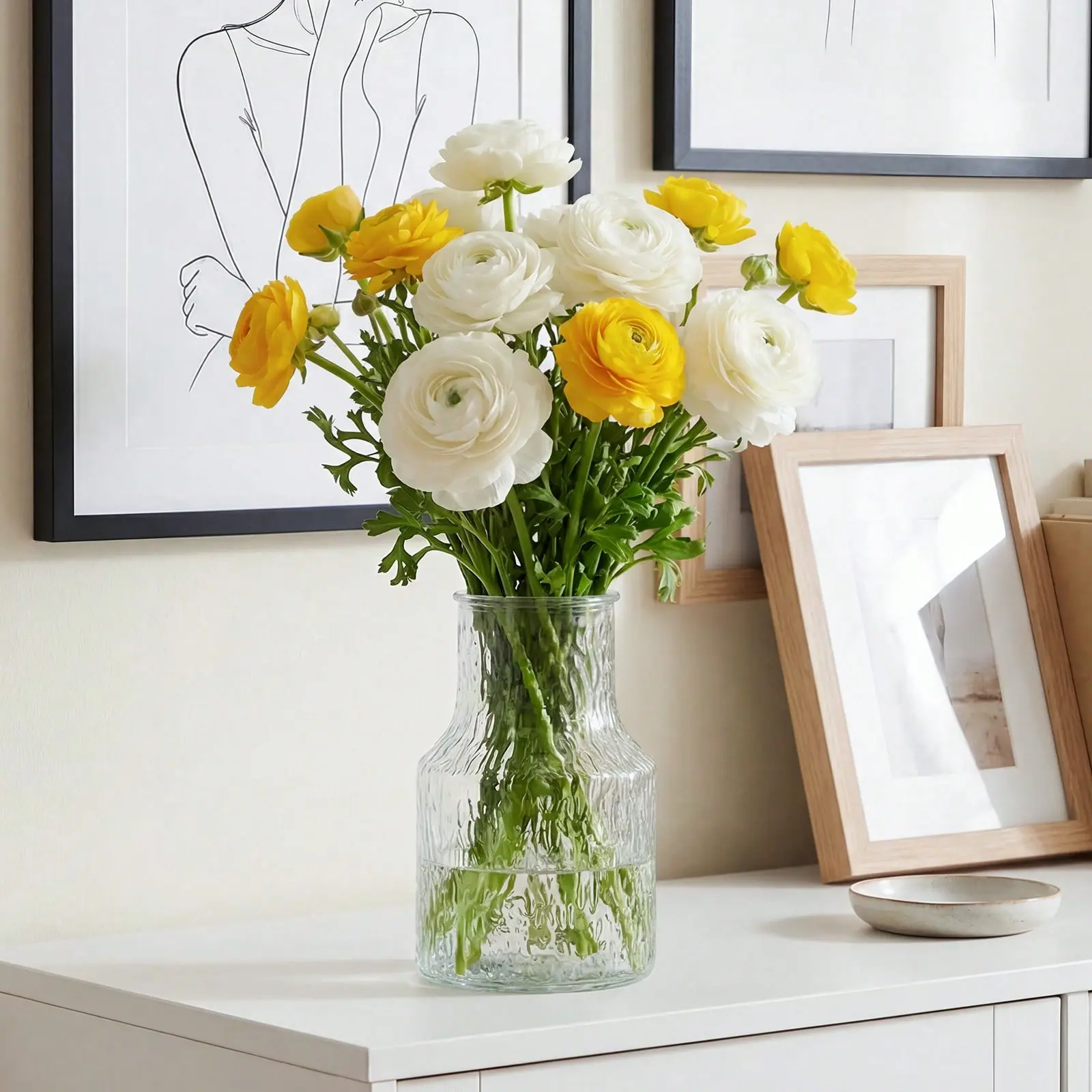 Large Glass Vase - Clear Ribbed Vase - Fluted Flower Vase For Modern Home Décor - Glass Vases For Centerpieces - Living Room, Dining Table, Shelf, Entryway, Office, Wedding Centerpieces, Mother's Day Decor, Ideal Mother's Day Gift