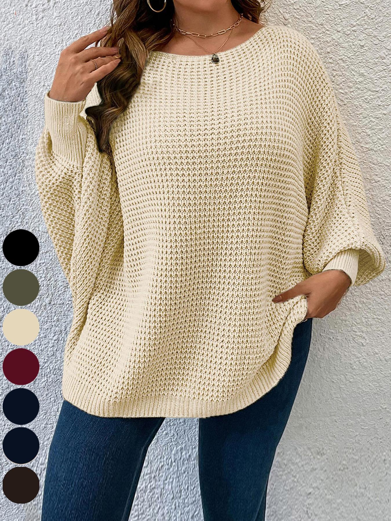 Plus Size Solid Batwing Sleeve Boat Neck Sweater Knitwear, Casual Long Sleeve Jumper for Fall, Plus Size Clothing for Daily Wear, Womenswear