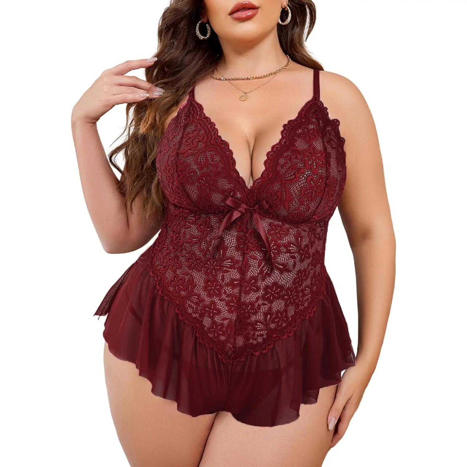 Plus Size Lingerie for Women Lace Bodysuit One Piece Teddy Babydoll Mesh Chemise V Neck Sleepwear L-5XL