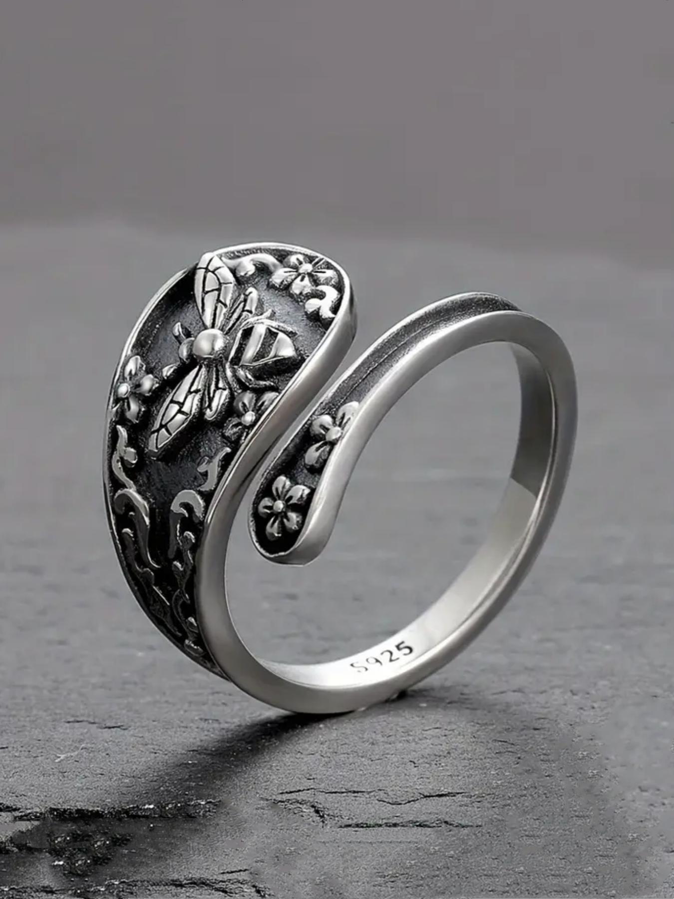 925 Sterling Silver Vintage Bee Design Cuff Ring, 2024 New Style Adjustable Ring for Women & Men, Fashion Jewelry Accessories for Daily Wear