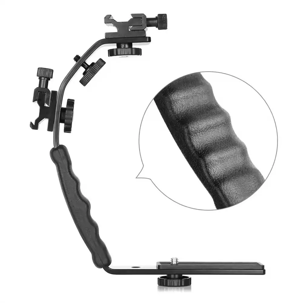 Camera L Bracket Mount Video Handle L Bracket Dual Flash Cold Shoe Mount 1/4 Inch Tripod Screw Padded Handle Dslr