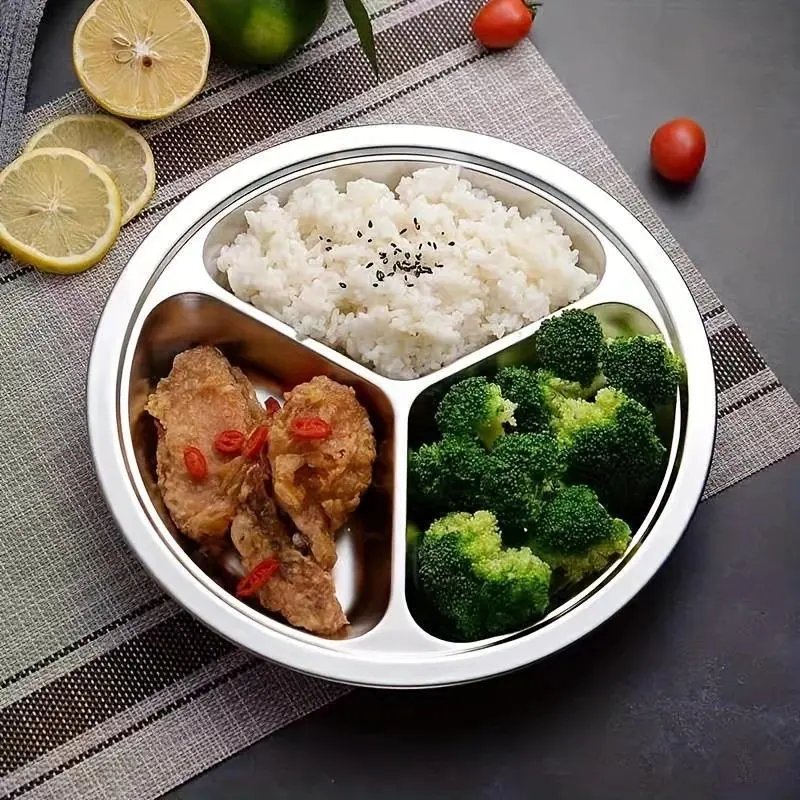 Stainless Steel Three-Compartment Round Plate, Kindergarten Children's Supplementary Food Plate, Office Worker's Portion-Controlled Meal Plate for Weight Loss