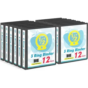3 Ring Binder 0.5 Inch,  12 Pack 0.5-Inch Binder Fits Letter Size 8.5'' x 11'' Paper, Versatile Binders for Office  School, 2 Pockets, Black