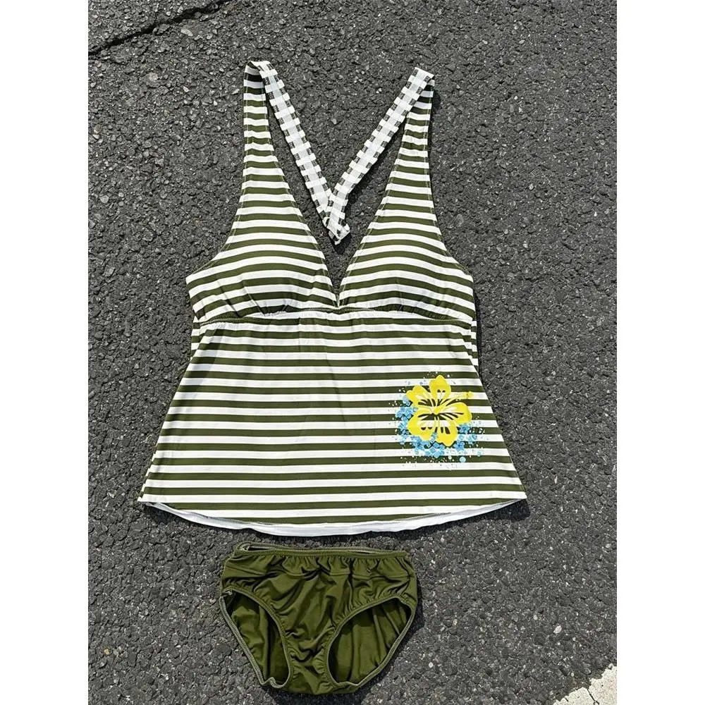 Summer women's striped hibiscus print bikini set V-neck backless cross 2-piece swimsuit beach wear swimsuit