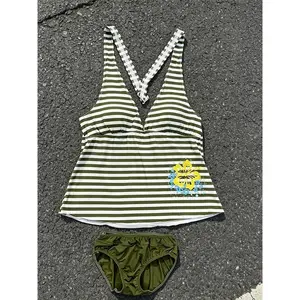 Summer women's striped hibiscus print bikini set V-neck backless cross 2-piece swimsuit beach wear swimsuit