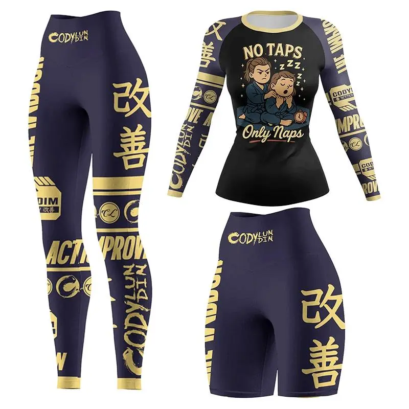 Women's Polyester Martial Arts Compression Set - Long Sleeve Rashguard, Pants, Shorts, Customized T-Shirts for MMA, Jiu Jitsu Combat Sports Training