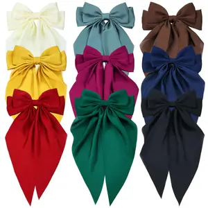 9 Pack Satin Hair Bows Hair Accessories Bowknot with Long Tail Ribbon Giant Hair Bow Clips French Barrettes for Women Girls