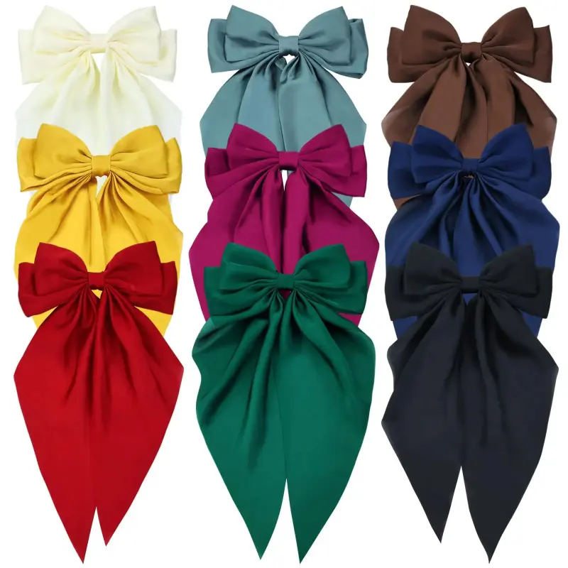 9 Pack Satin Hair Bows Hair Accessories Bowknot with Long Tail Ribbon Giant Hair Bow Clips French Barrettes for Women Girls