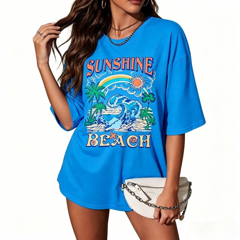 Oversized Hawaiian Shirts,Women Sunshine Beach Tshirt,Hawaii Tropical Tops,Beach Graphic Shirt,Summer Vacation Tee Top,100% Cotton, comfortable, Casual
