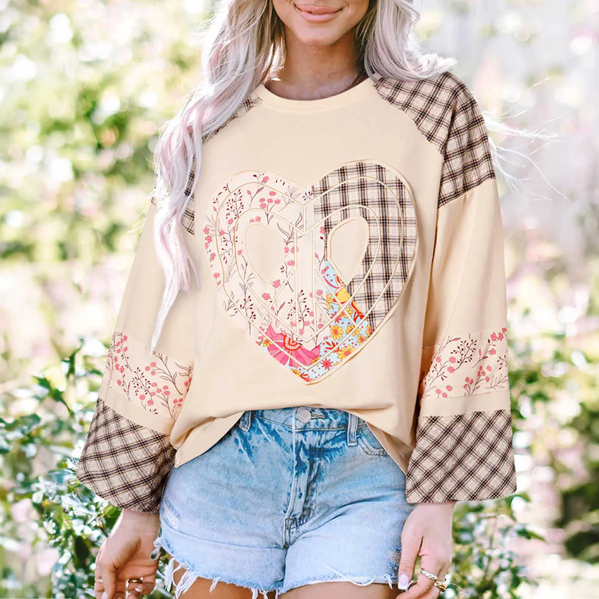 Women's Casual Beige Blouses, Plaid Floral Patchwork Top with Peace and Love Graphic, Wide Long Sleeves for Everyday Wear