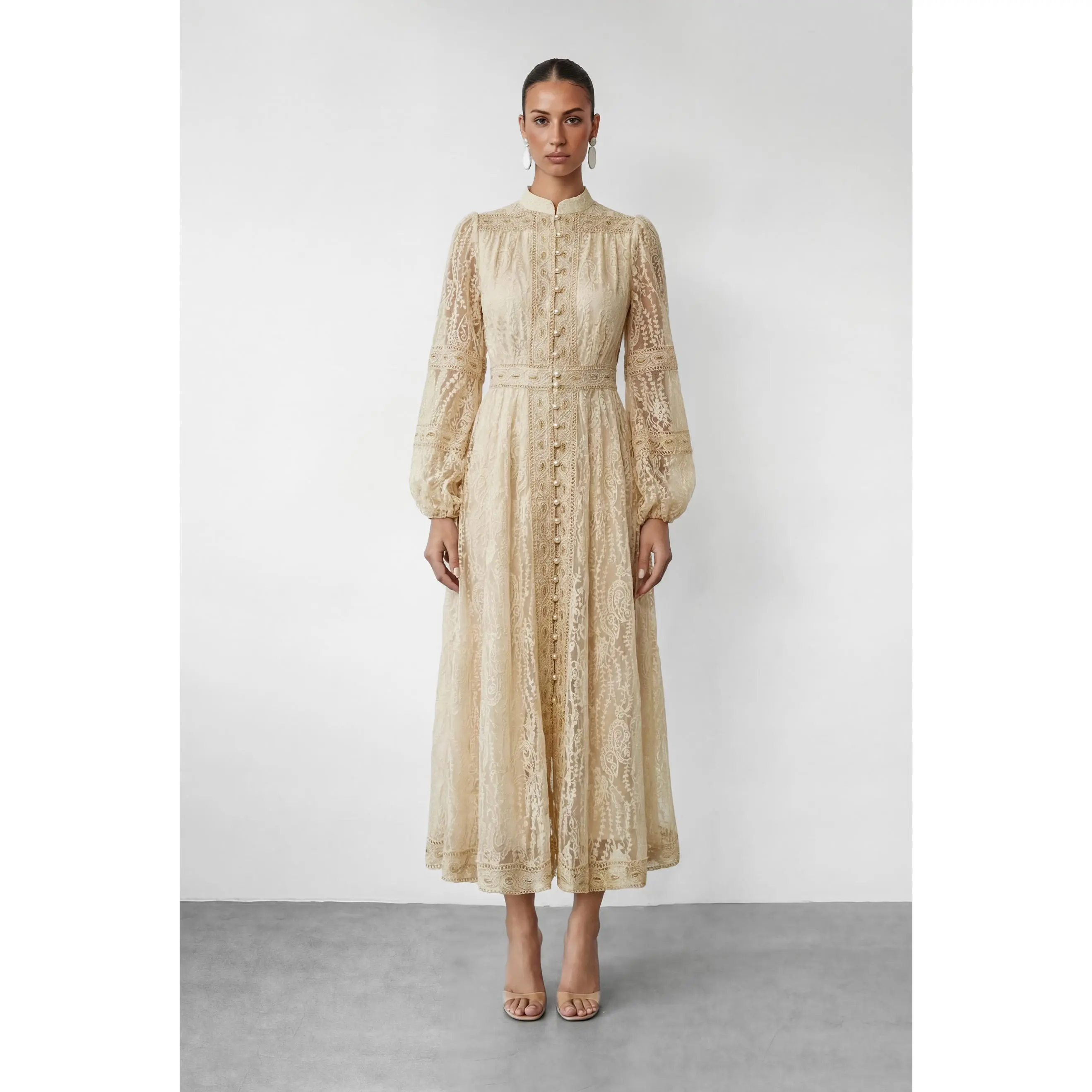 Sunfere Beige Lace Stand Collar Maxi Dress - Puff Sleeve Paisley Lace Pearl Detail Vintage Elegant, Garden Wedding Guest Formal Event