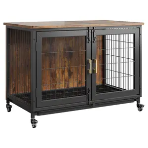 37.5-Inch Wood and Iron Dog Crate with Wheels, Removable Tray, Rustic Black