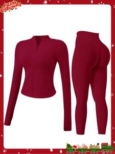 women's 2-piece set seamless sexy stand-up collar zip sports suit windproof slim warm top long sleeve + tight lifting hip sports trousers quick dry yoga clothing fitness running exercise stretch breathable zip sports suit