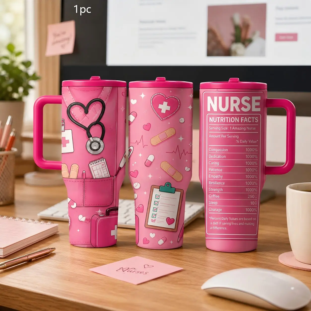 1PC 40oz  Nurse Stethoscope Heart Medical Pattern Insulated Tumbler with Portable Handle & Leak-Proof Lid, Double Wall Vacuum Travel Mug, Large Capacity Cup for Men Women, Birthday Christmas Nurse Theme Gift