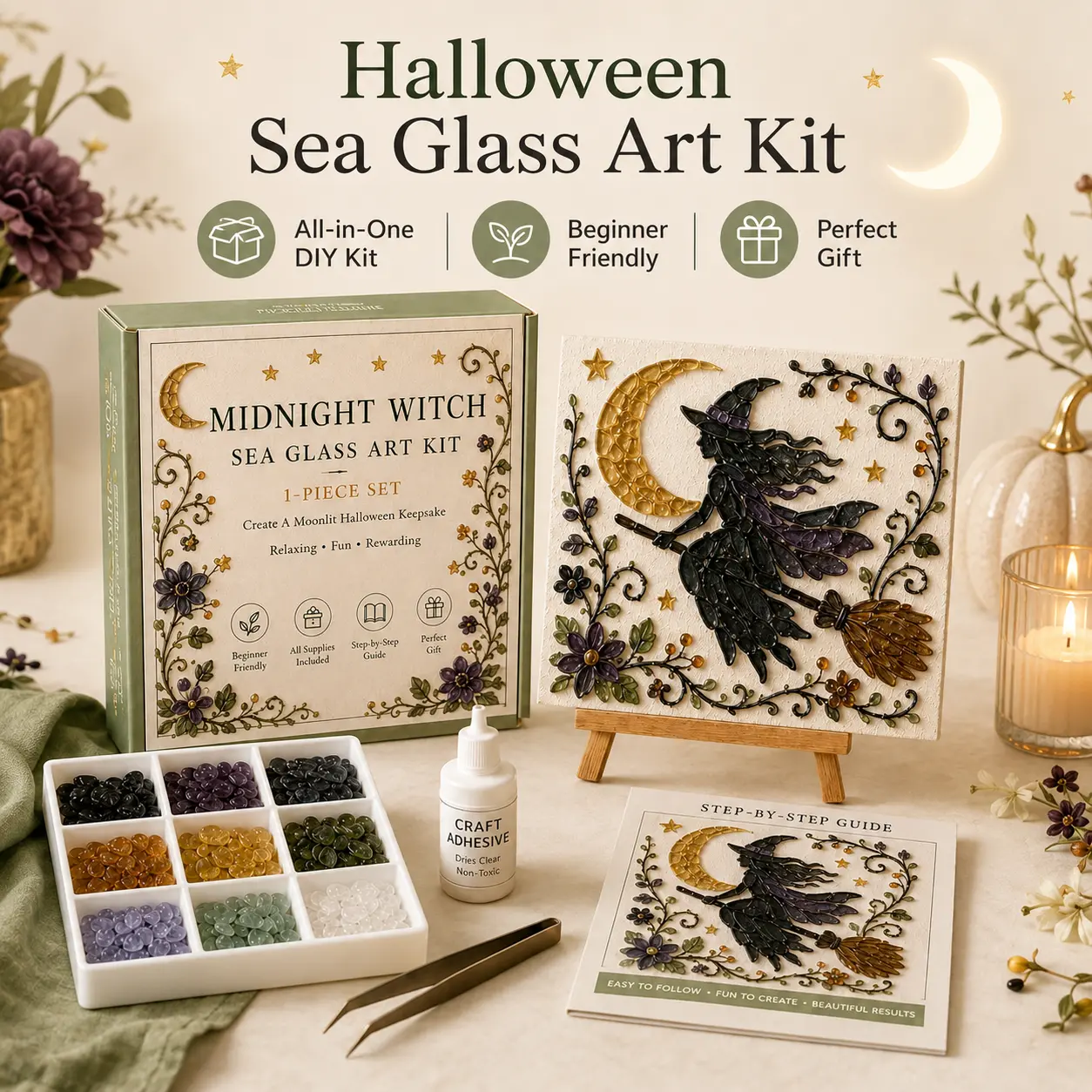 Halloween Sea Glass Art Kit, Midnight Witch DIY Mosaic Craft Set for Beginner, All‑in‑One Art Supplies with Glass Beads, Glue, Tweezers & Instruction Guide, Make Halloween Keepsake Wall Decor, Fun Relaxing Handmade Project