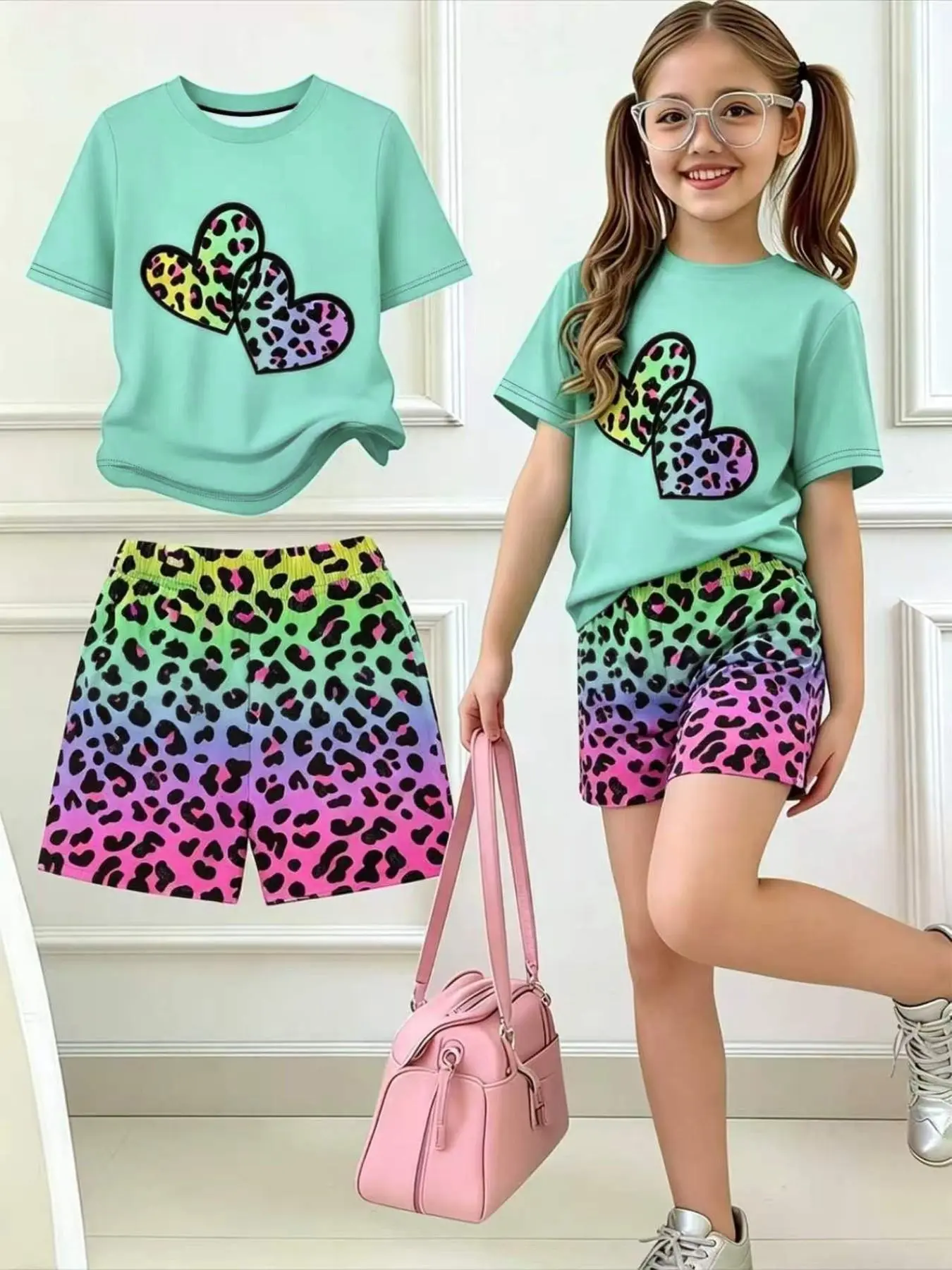 Heart Leopard Print Girls' Fashion Casual Shorts Set, Summer Comfort T-Shirt and Shorts, Outdoor Activity Perfect Choice, Kids Sleepwear Two-Piece Set, Summer Pjs