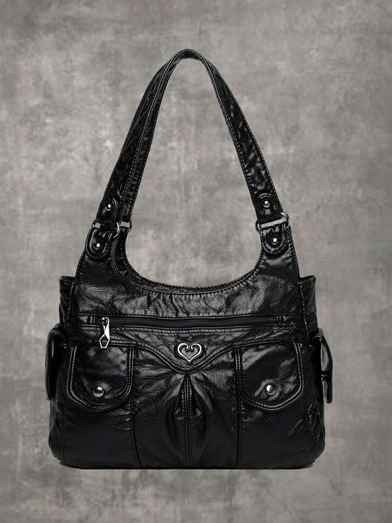 Women's Fashionable Plain Heart Decorated Embellished Shoulder Bag, Casual Large-Capacity for Daily Used, Trendy Versatile Shopping Bag, Hobo Bag