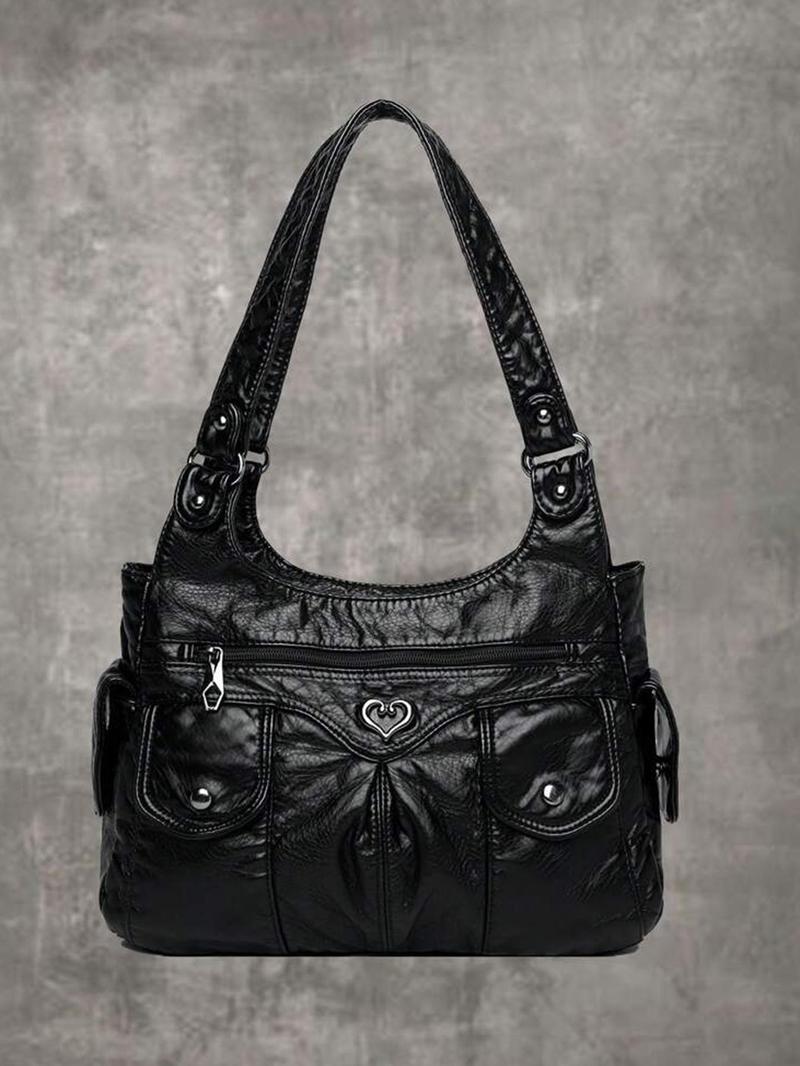 Women's Fashionable Plain Heart Decorated Shoulder Bag, Elegant Bag, Casual Large-Capacity for Daily Used, Trendy Versatile Shopping Bag, Hobo Bag