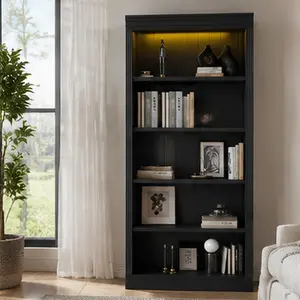 ARCH 83.4in Tall Wood Bookcase with LED Light Strip, 5-Tier Bookshelf with Adjustable Shelves, Storage Organizer for CDs Books Movies, Free Standing Shelving Unit for Living Room Home Office, Black Solid Wood+MDF, Black Color Options