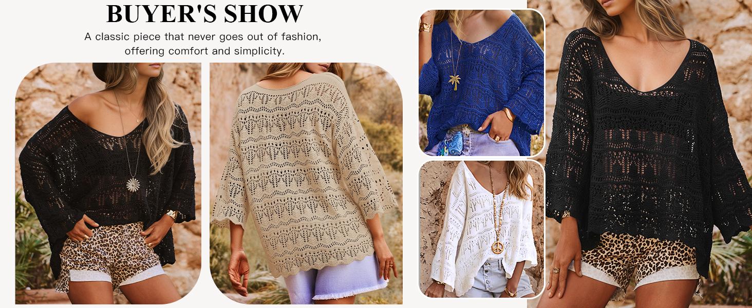 Saodimallsu Womens Crochet Cover Up Tops 3/4 Sleeve V Neck Summer Boho Knit Beach Coverups 2026 Resort Wear
