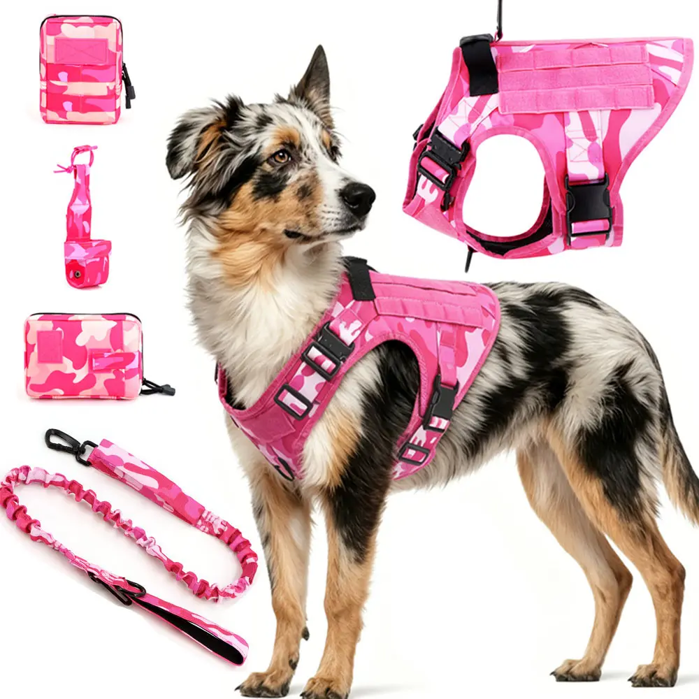 Pink Dog Harness 3-Piece Set (Includes Harness, Leash, and Pink Pouch) – Large Dog Harness, Adjustable Pet Vest, Suitable for German Shepherds and Belgian Malinois for Outdoor Training and Walks