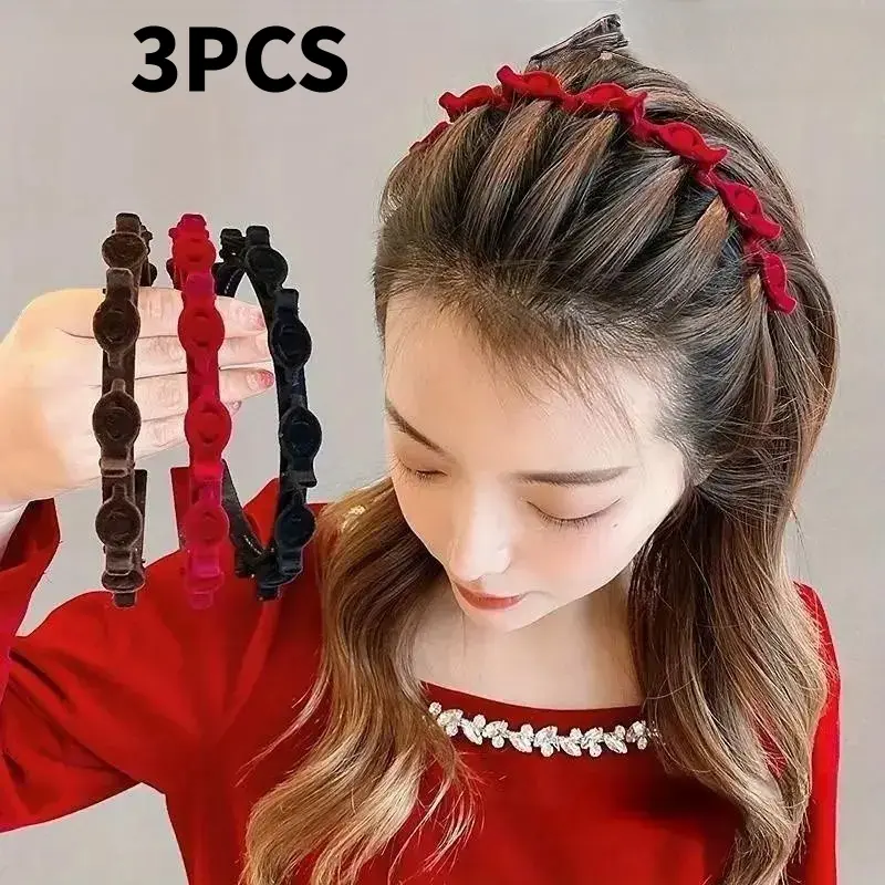 3Pcs Flocked Braiding Hair Headband with Built-in Small Clips, Women Twist Plaiting Hairband, Non Slip Hairstyle Maker Hair Hoop for Daily Hair Styling