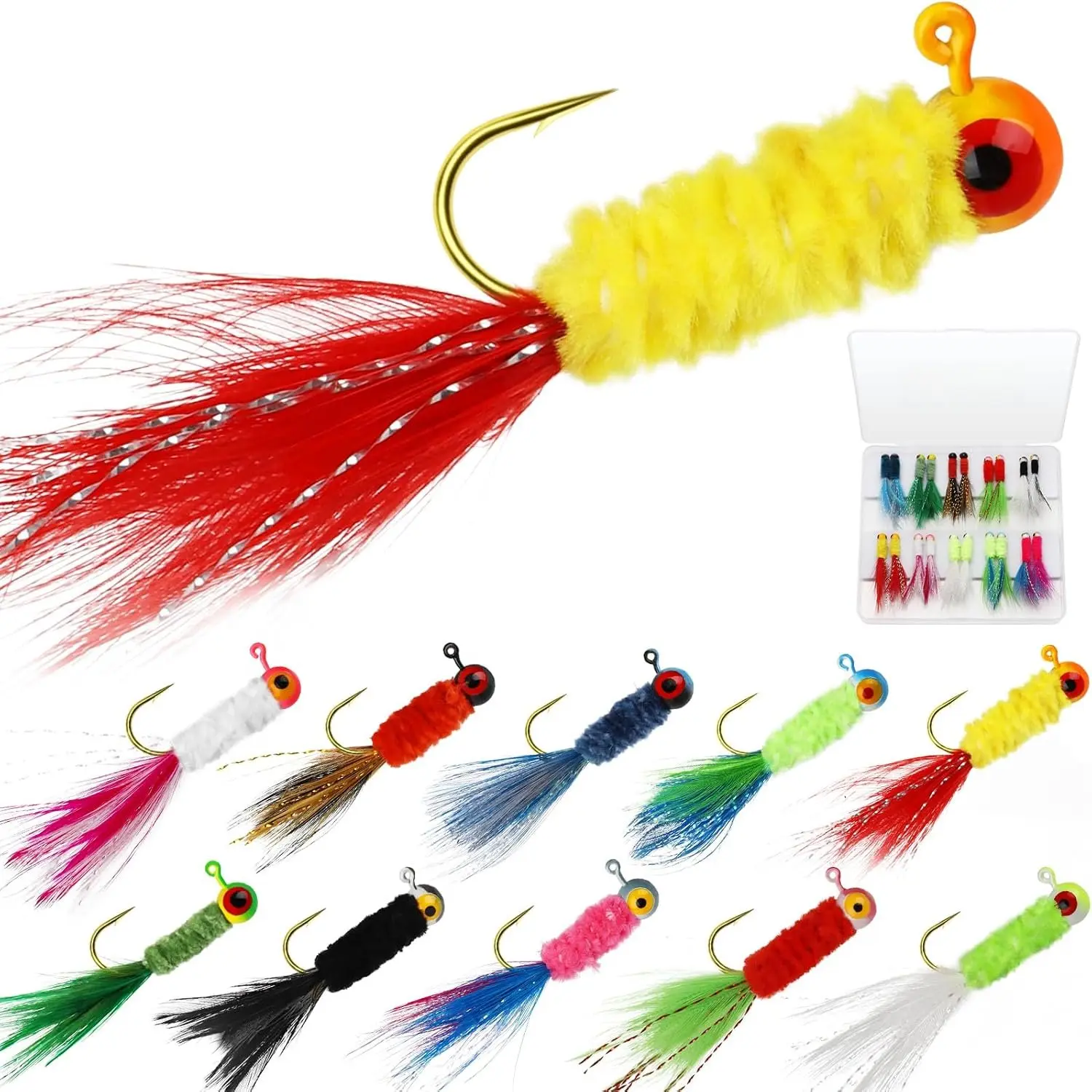 Crappie Jigs, Jig Heads with  Hand-Tied Marabou Jigs Ice | Fly Fishing Lures 10 Colors 1/32oz 1/16oz 1/8oz Fishing Hair Jigs for Panfish Sunfish Walleye 20-40pcs
